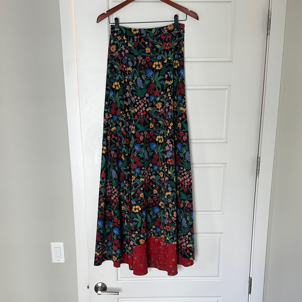 Alice + Olivia Black Floral Maxi Skirt with Red Hem